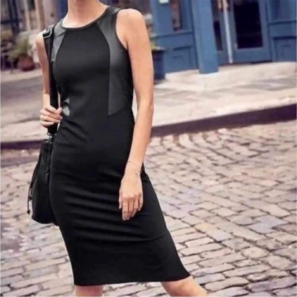 Athleta Black Pointe Dress Faux Leather Panels Size S